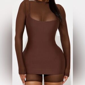 Sheer Brown Long Sleeve Mini Dress